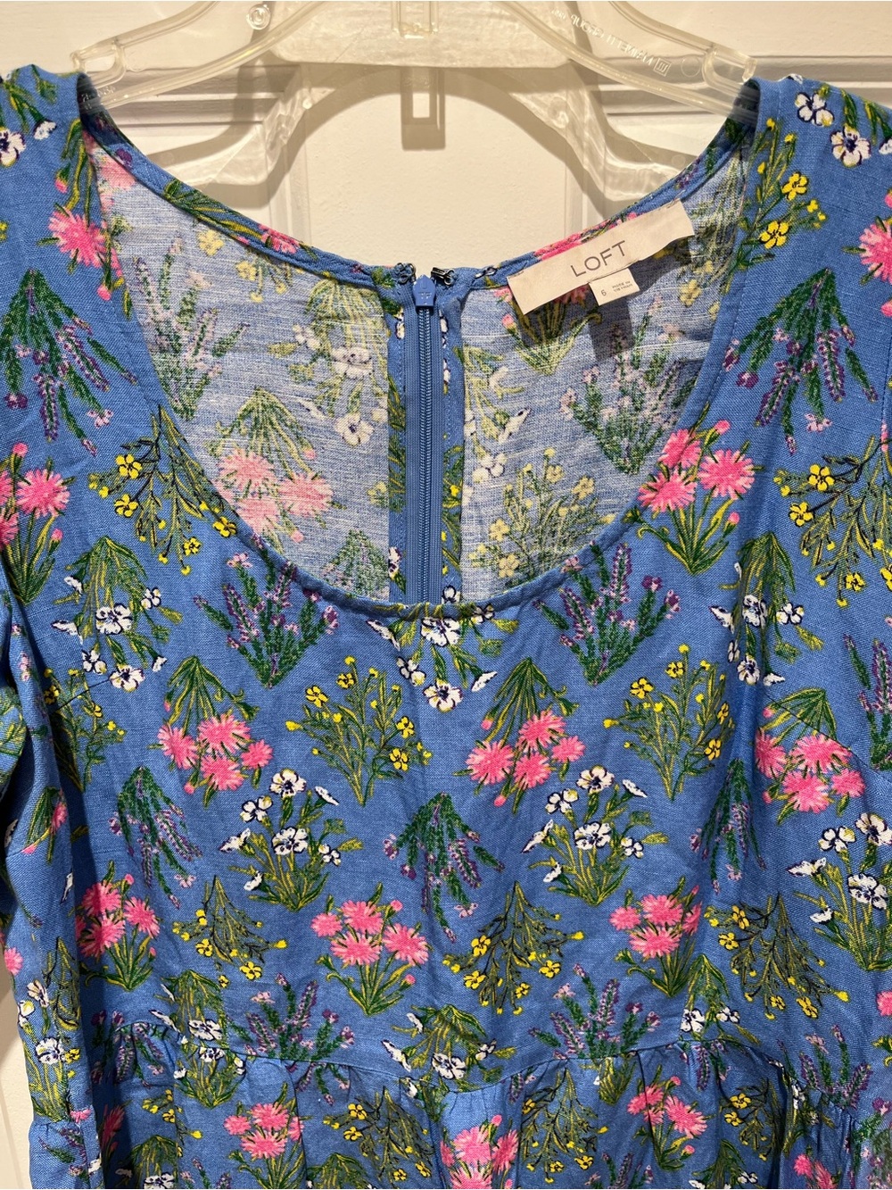 NWOT LOFT Blue Floral U-Neck Periwinkle Blue Puff Sleeve Linen Blend Dress - Picture 6 of 9